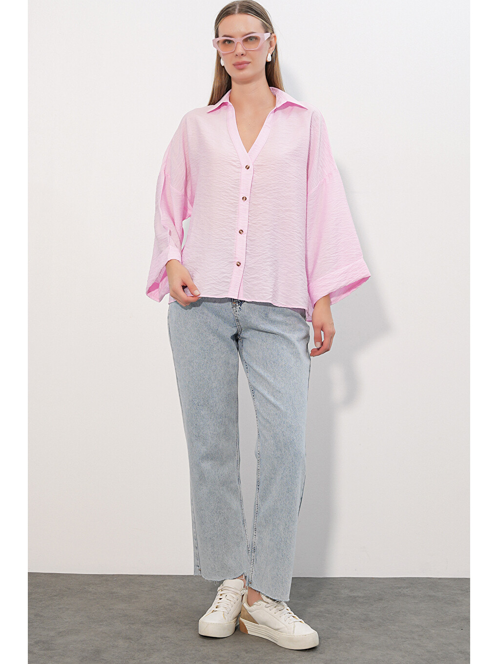 Kadın Geniş Kol Oversize Gömlek 20401 - Pembe-1