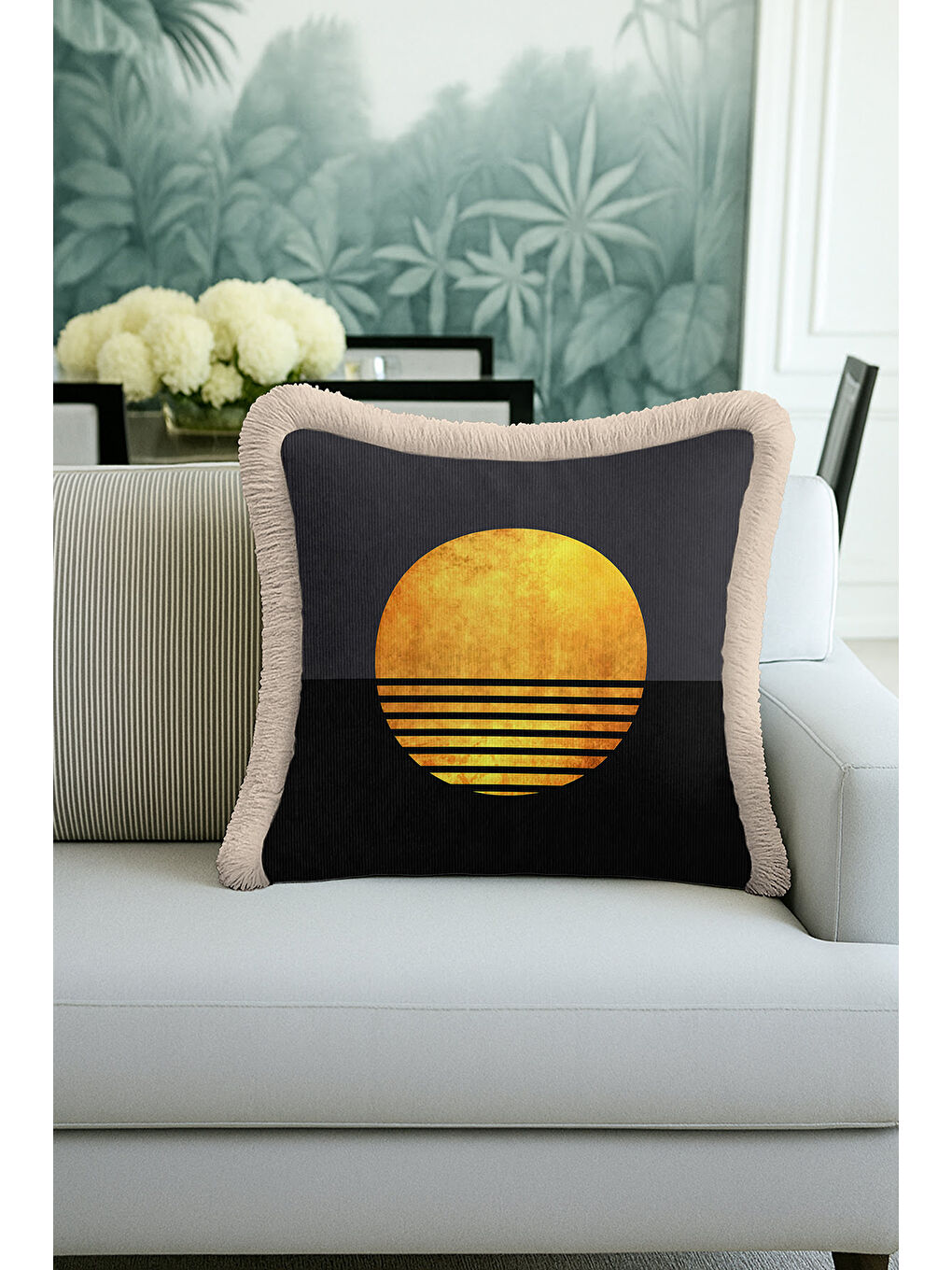 Karışık Lüks Geometrik Saçaklı Yastık Kılıfı - Minimalist Modern Antrasit Altın Renk Püsküllü Kırlent Kılıfı-3