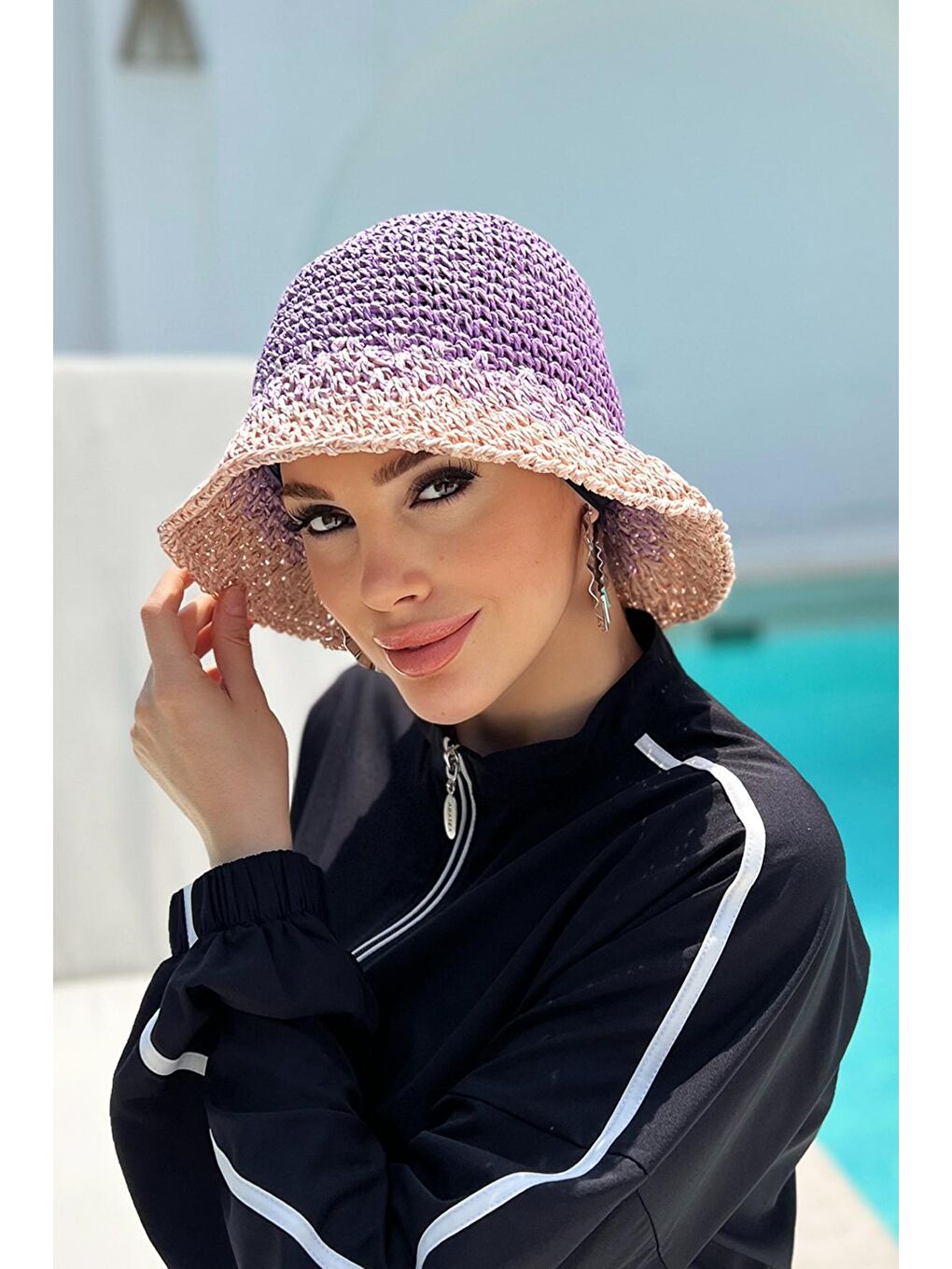 Pembe El Örgüsü Hasır Şapka RŞ-102 Lila Pudra