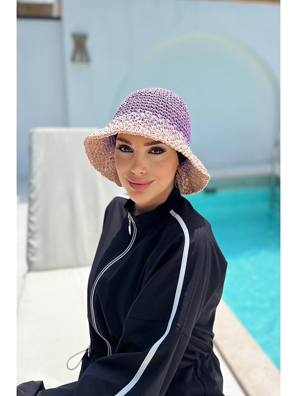 Pembe El Örgüsü Hasır Şapka RŞ-102 Lila Pudra-1