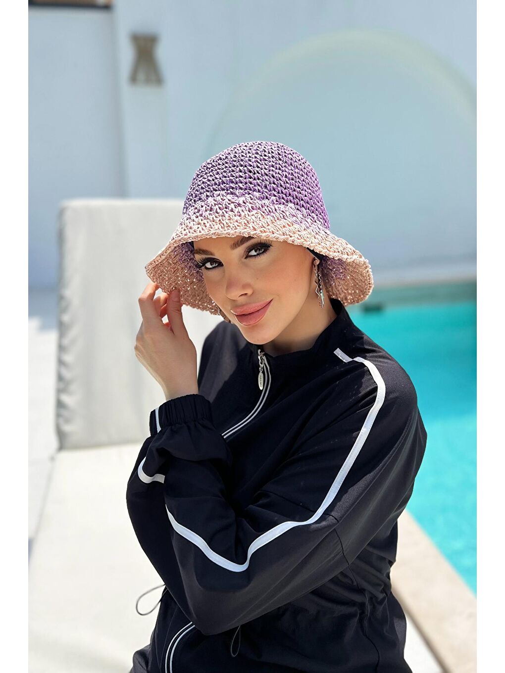 Pembe El Örgüsü Hasır Şapka RŞ-102 Lila Pudra-2