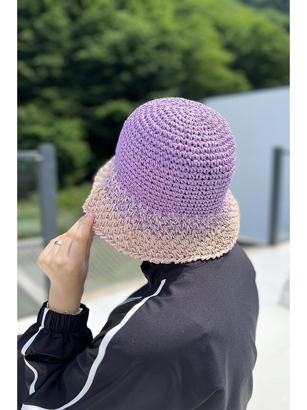 Pembe El Örgüsü Hasır Şapka RŞ-102 Lila Pudra-3