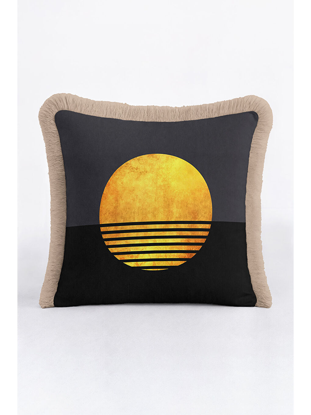 Karışık Lüks Geometrik Saçaklı Yastık Kılıfı - Minimalist Modern Antrasit Altın Renk Püsküllü Kırlent Kılıfı-4