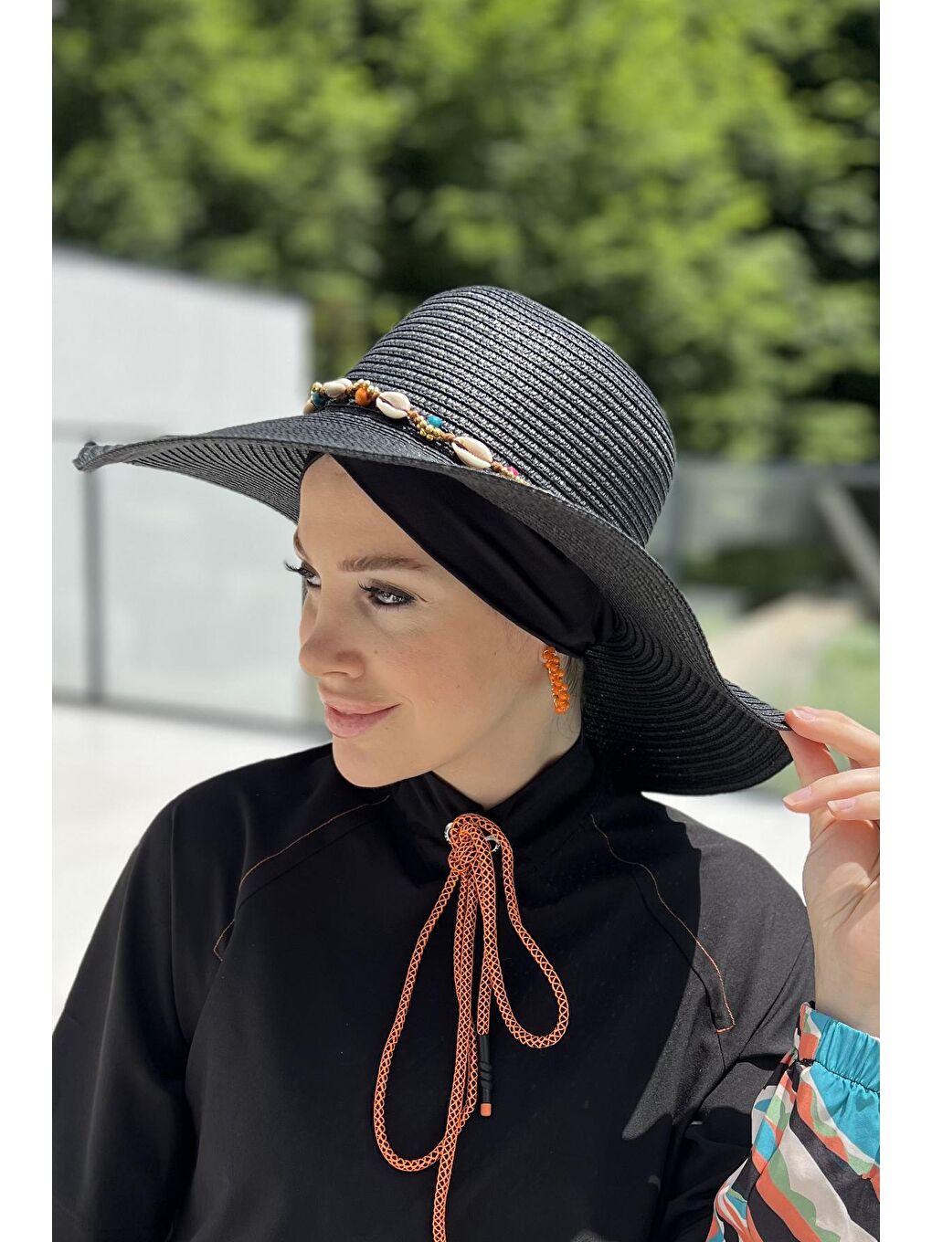 Deniz Kabuklu Hasır Şapka RŞ-104 Siyah-1