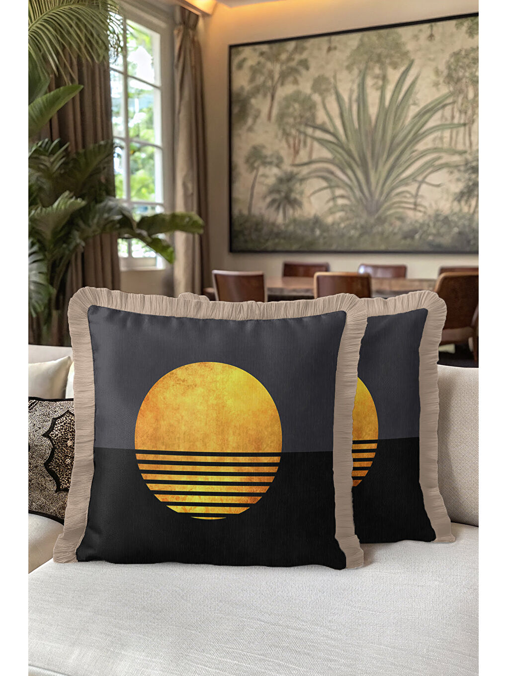 Karışık Lüks Geometrik Saçaklı Yastık Kılıfı - Minimalist Modern Antrasit Altın Renk Püsküllü Kırlent Kılıfı-5