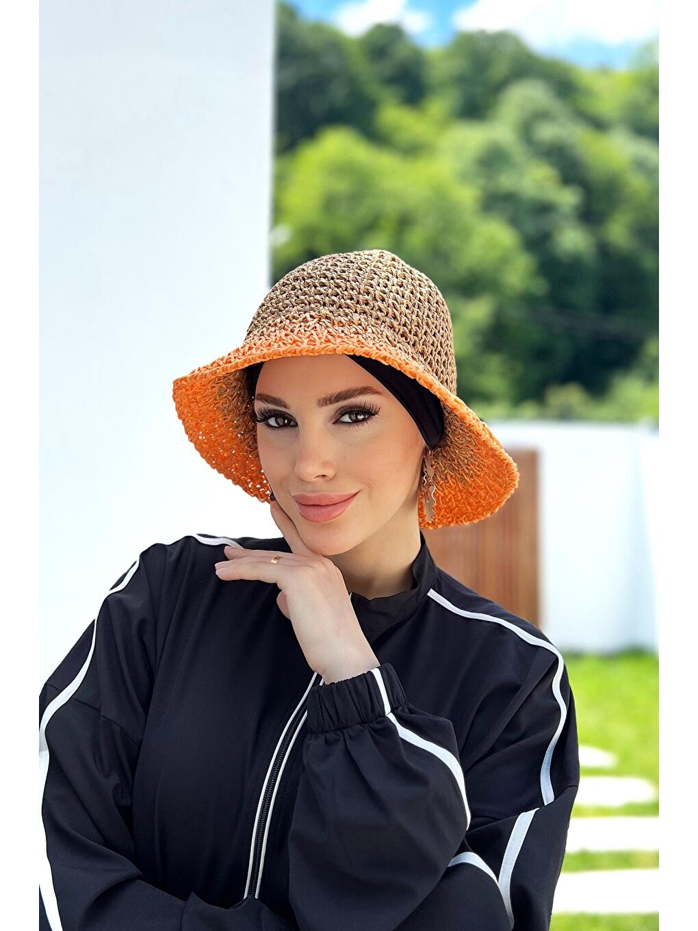 Kahverengi El Örgüsü Hasır Şapka RŞ-102 Camel Turuncu