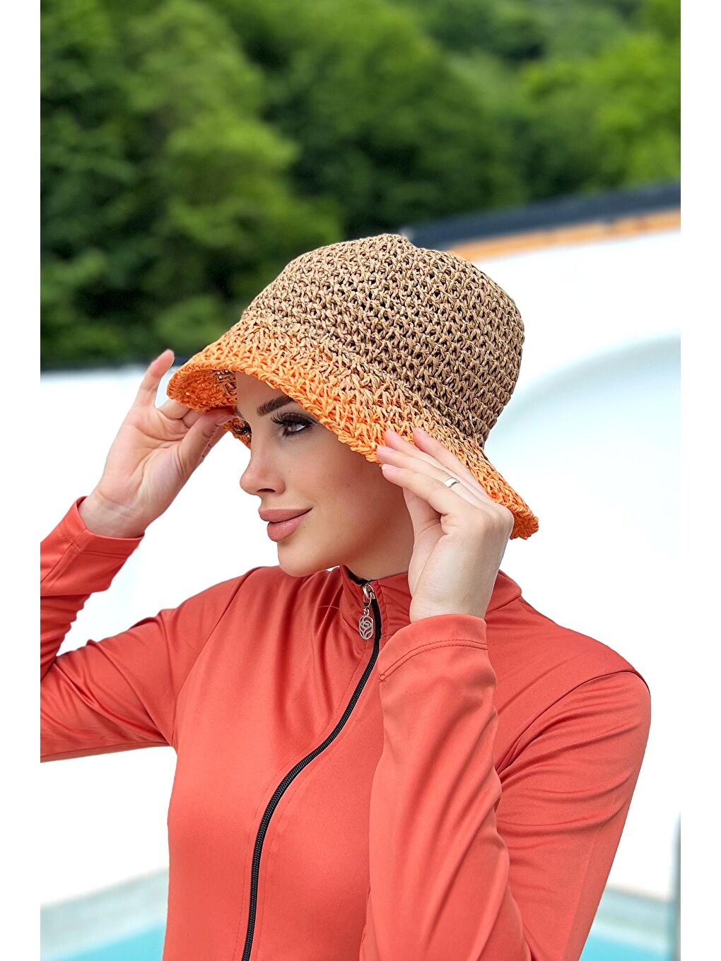 Kahverengi El Örgüsü Hasır Şapka RŞ-102 Camel Turuncu-1