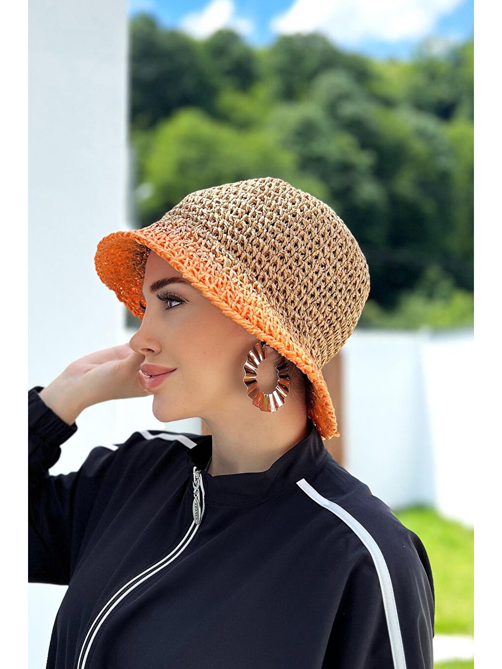 Kahverengi El Örgüsü Hasır Şapka RŞ-102 Camel Turuncu-2