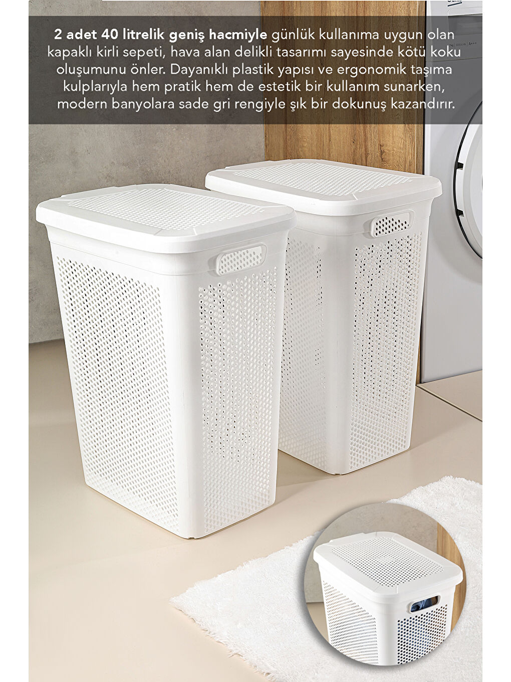 Beyaz 2'li Kirli Çamaşır Sepeti Seti 40 l-1