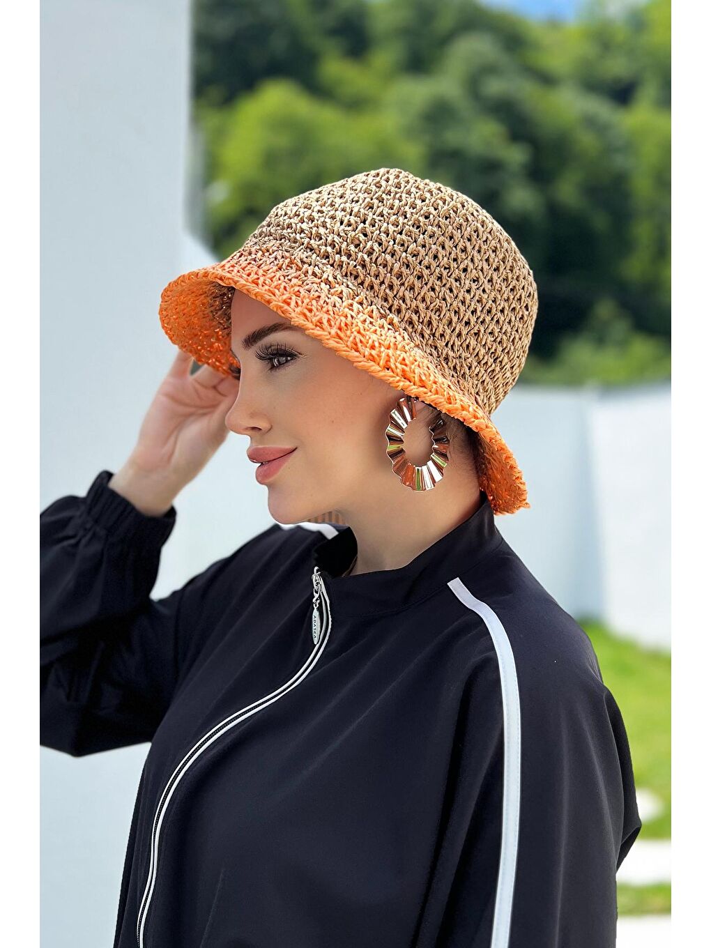 Kahverengi El Örgüsü Hasır Şapka RŞ-102 Camel Turuncu-3