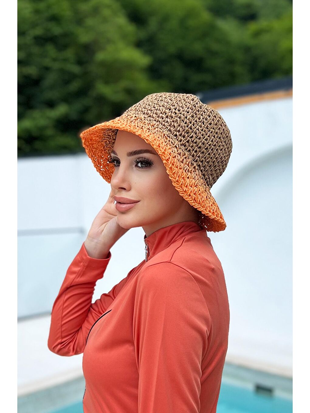 Kahverengi El Örgüsü Hasır Şapka RŞ-102 Camel Turuncu-4