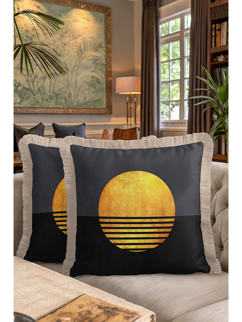 Karışık Lüks Geometrik Saçaklı Yastık Kılıfı - Minimalist Modern Antrasit Altın Renk Püsküllü Kırlent Kılıfı-7