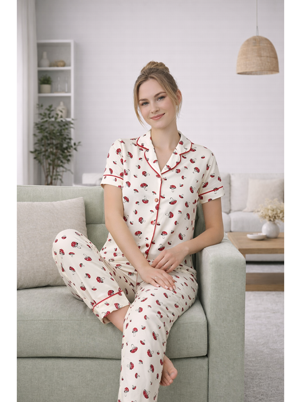 PREMIUM Kadın Ekru Viskon Gömlek Yaka Biyeli Boydan Düğmeli Kısa Kollu Yüksek Kalite Pijama Takımı-2