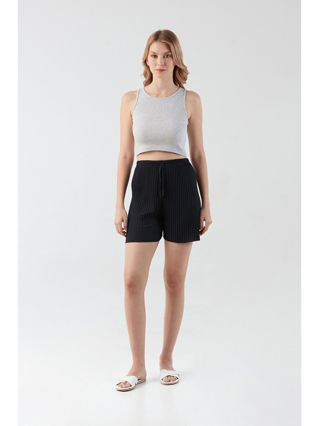 Lacivert Fitilli Bağcıklı Penye Şort