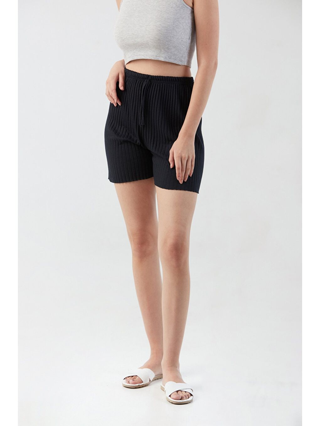 Lacivert Fitilli Bağcıklı Penye Şort-1