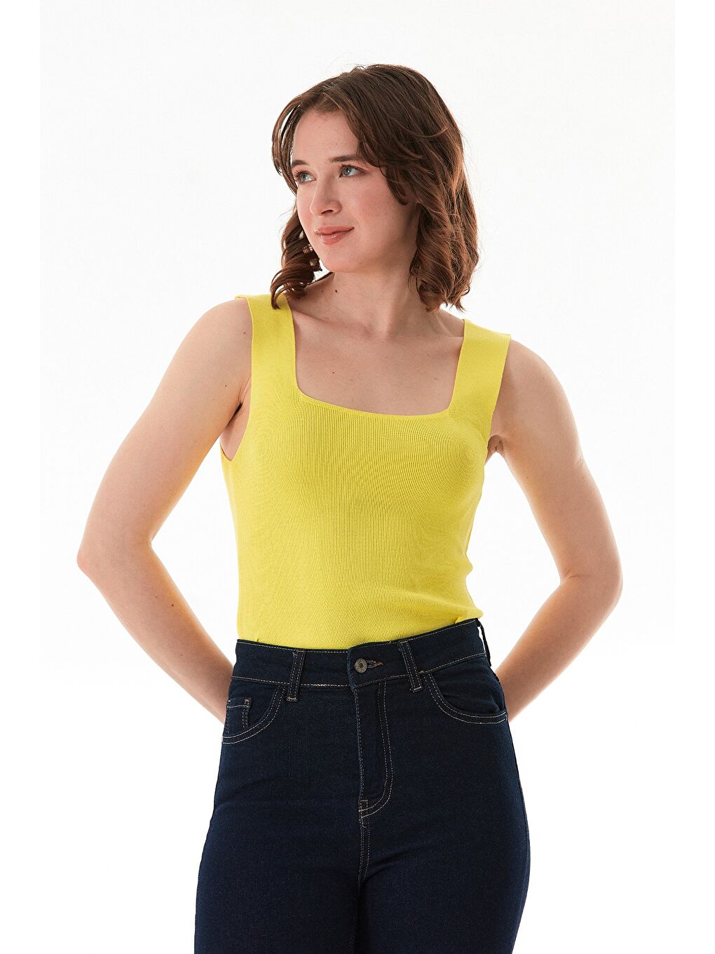 Sarı Basic Kare Yaka Triko Bluz-2