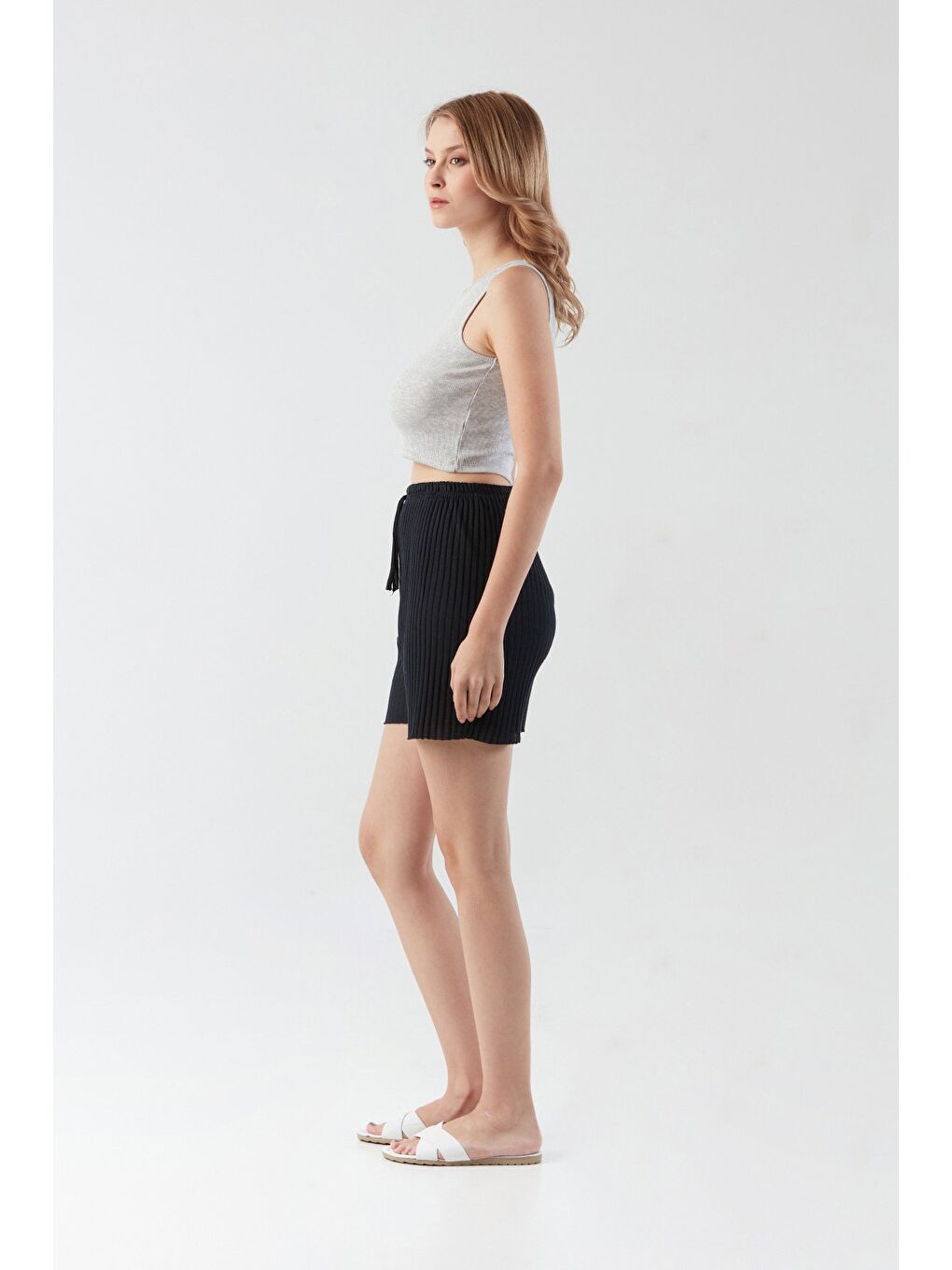 Lacivert Fitilli Bağcıklı Penye Şort-2