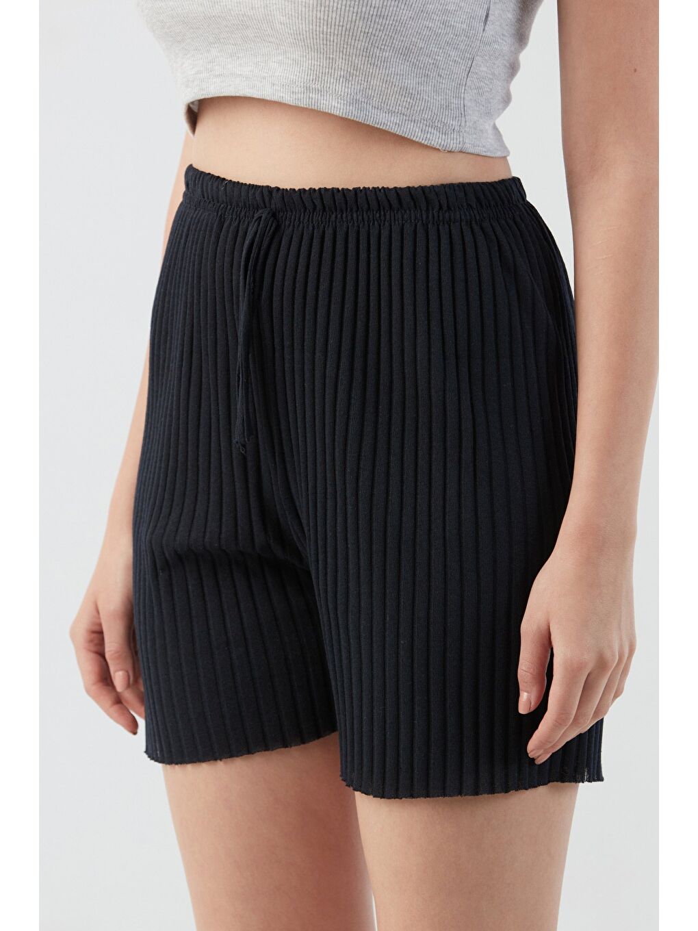 Lacivert Fitilli Bağcıklı Penye Şort-4