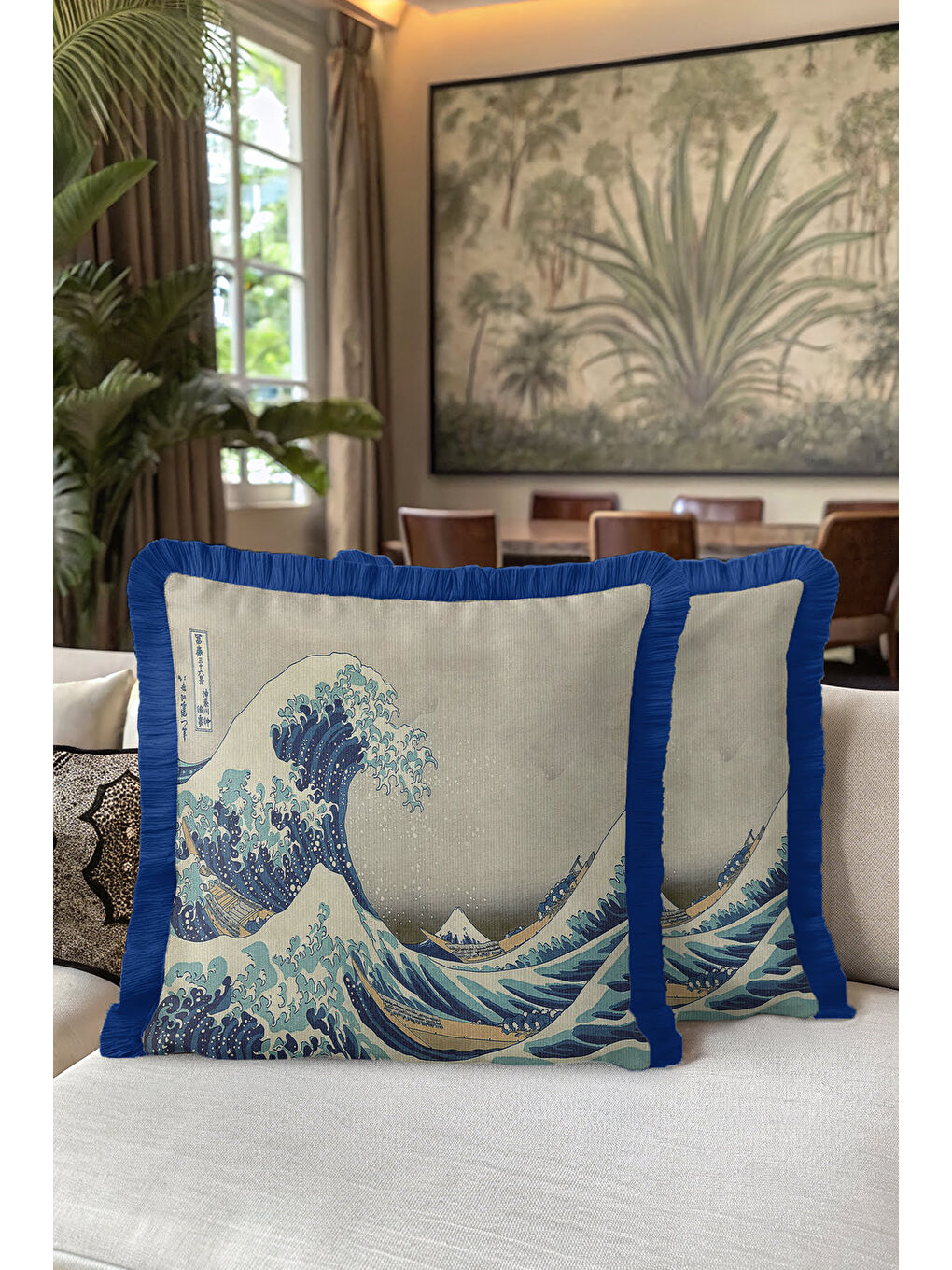 Karışık Japon Sanatı İlhamlı Saçaklı Yastık Kılıfı - Büyük Dalgalı Modern Mavi Püsküllü Kırlent Kılıfı-5