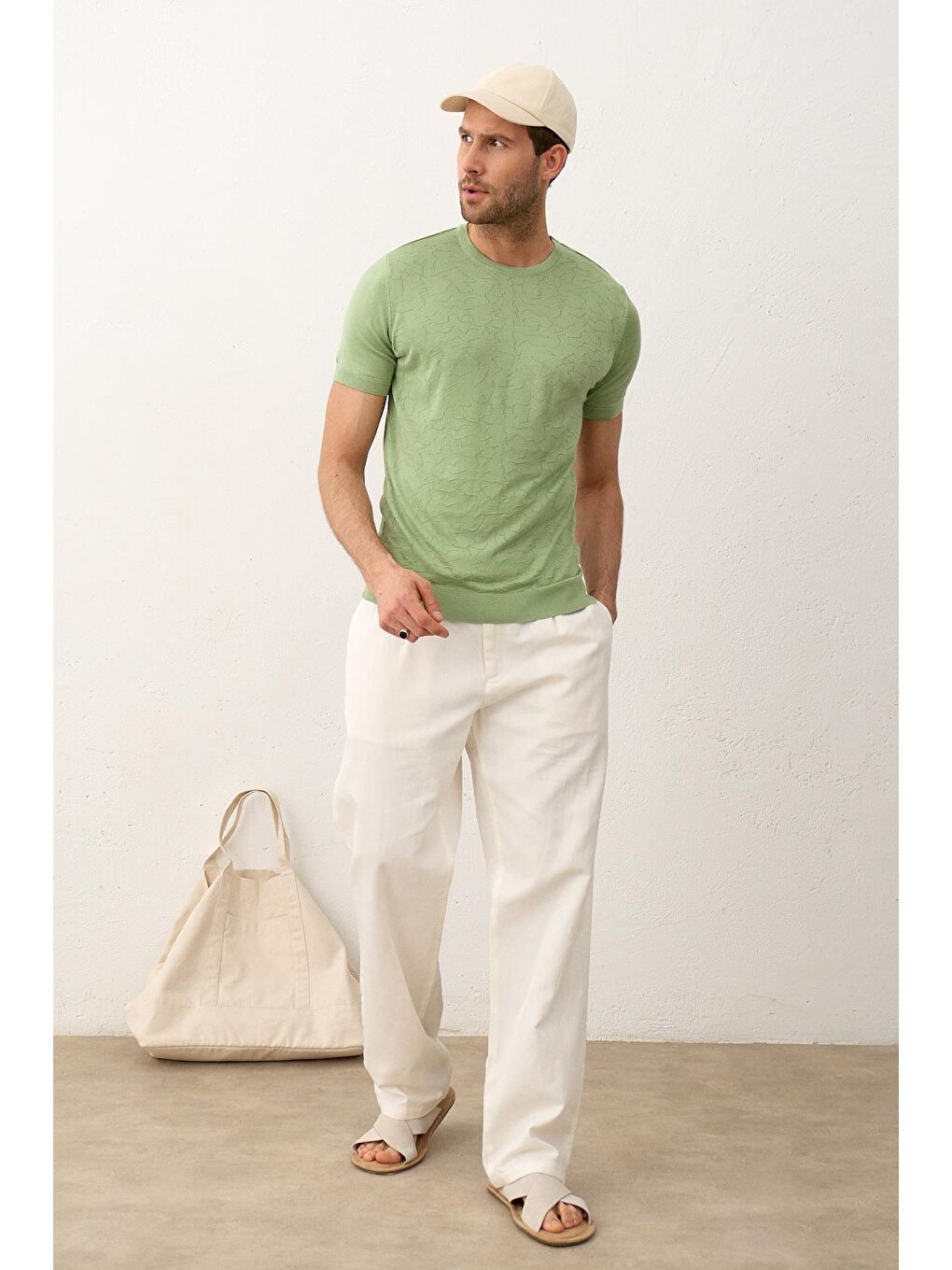 Modelli Bisiklet Yaka Slim-Fit Yazlık Triko Tişört Yeşil-5