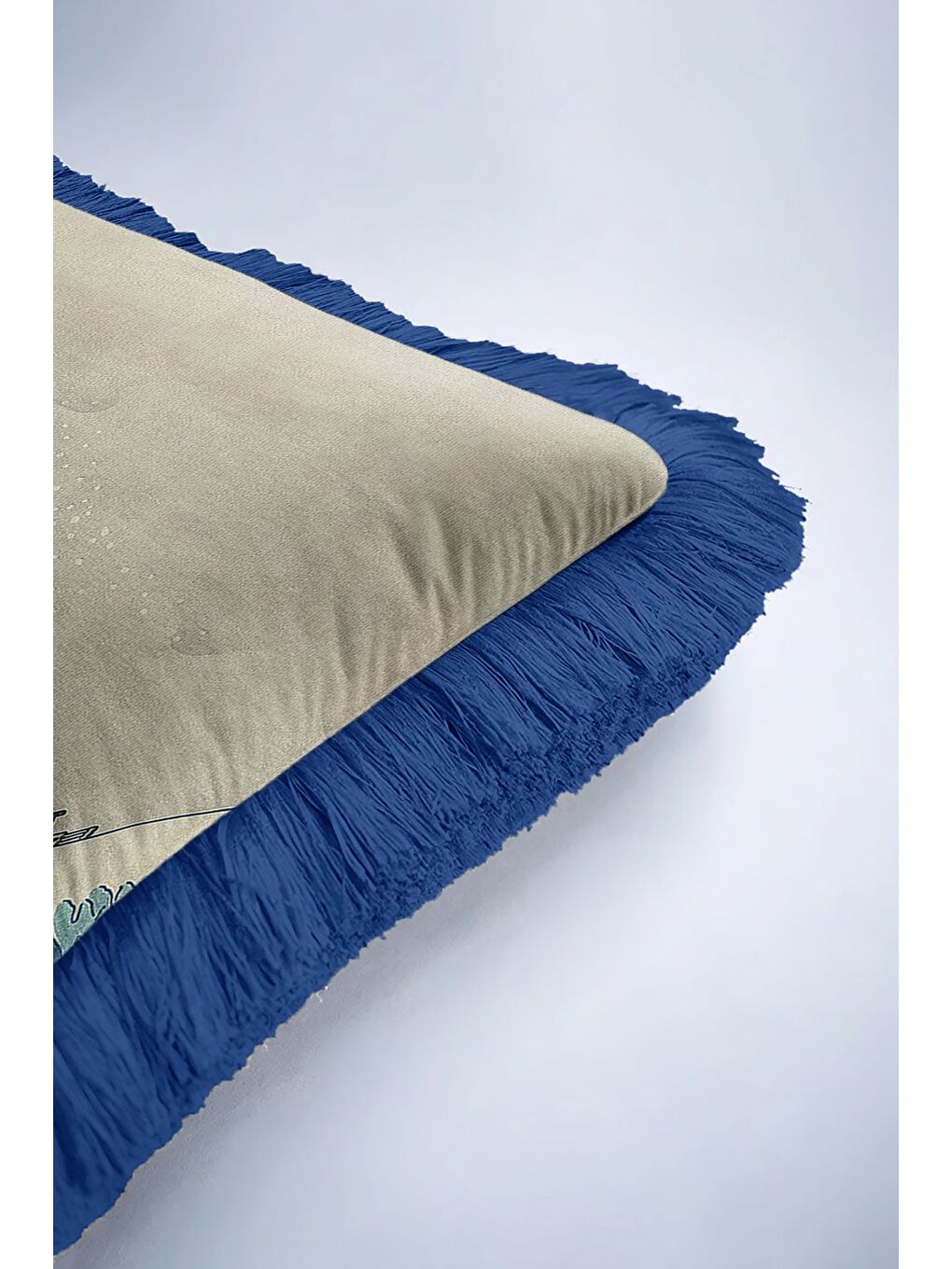 Karışık Japon Sanatı İlhamlı Saçaklı Yastık Kılıfı - Büyük Dalgalı Modern Mavi Püsküllü Kırlent Kılıfı-6