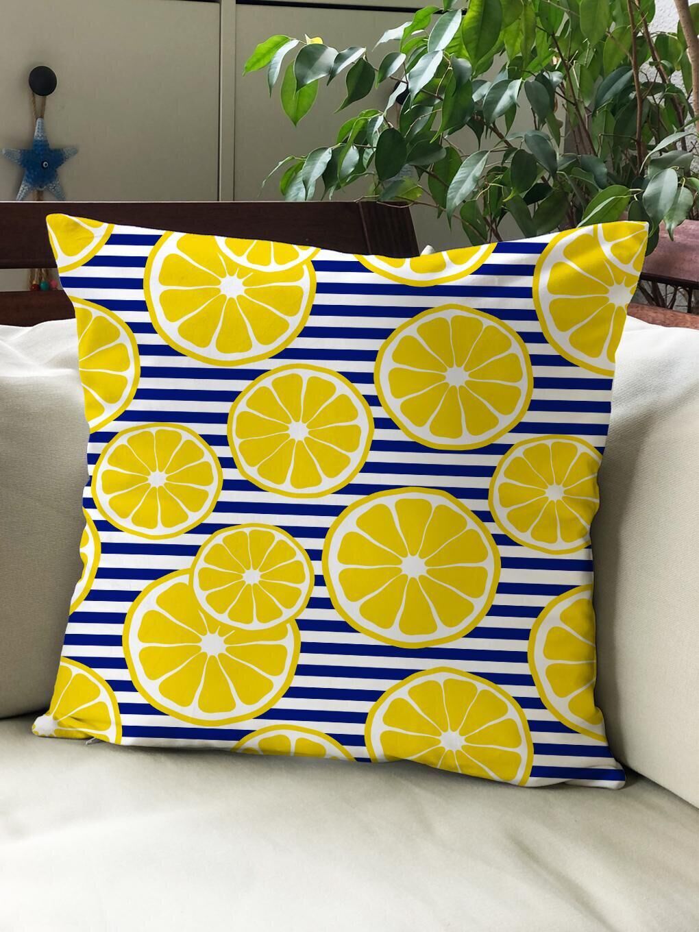 EVMİLA Karışık Kadife Doku Çift Taraf Baskılı Limon Desen 43x43 cm Tekli Kırlent Kılıfı