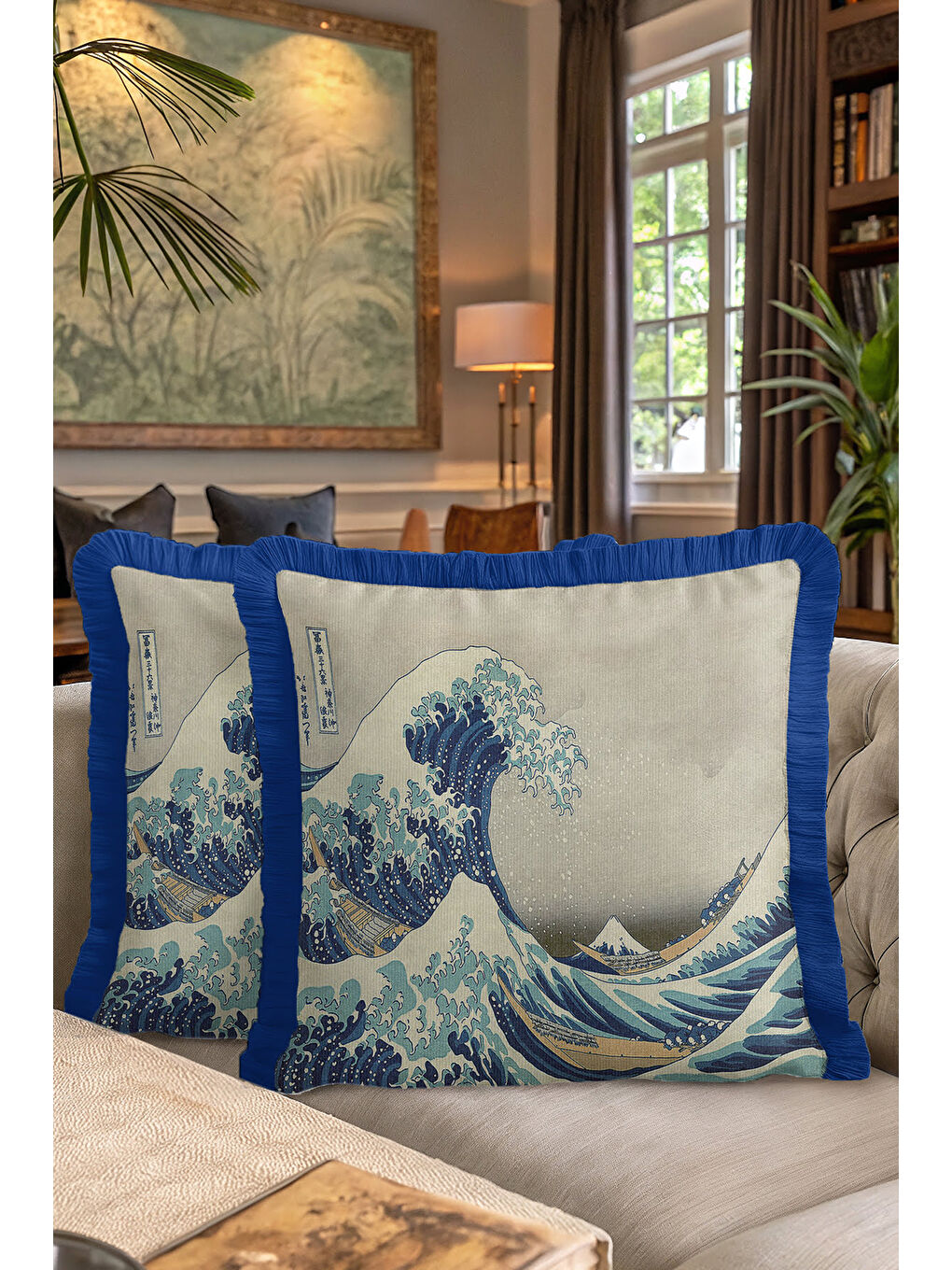 Karışık Japon Sanatı İlhamlı Saçaklı Yastık Kılıfı - Büyük Dalgalı Modern Mavi Püsküllü Kırlent Kılıfı-7