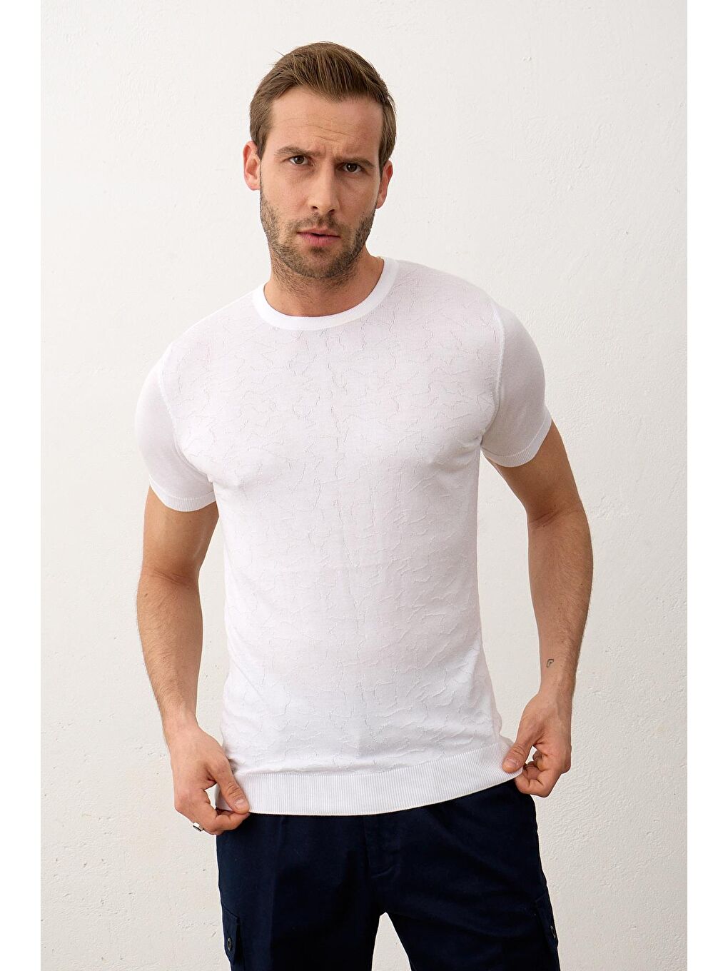 Modelli Bisiklet Yaka Slim-Fit Yazlık Triko Tişört Beyaz-5