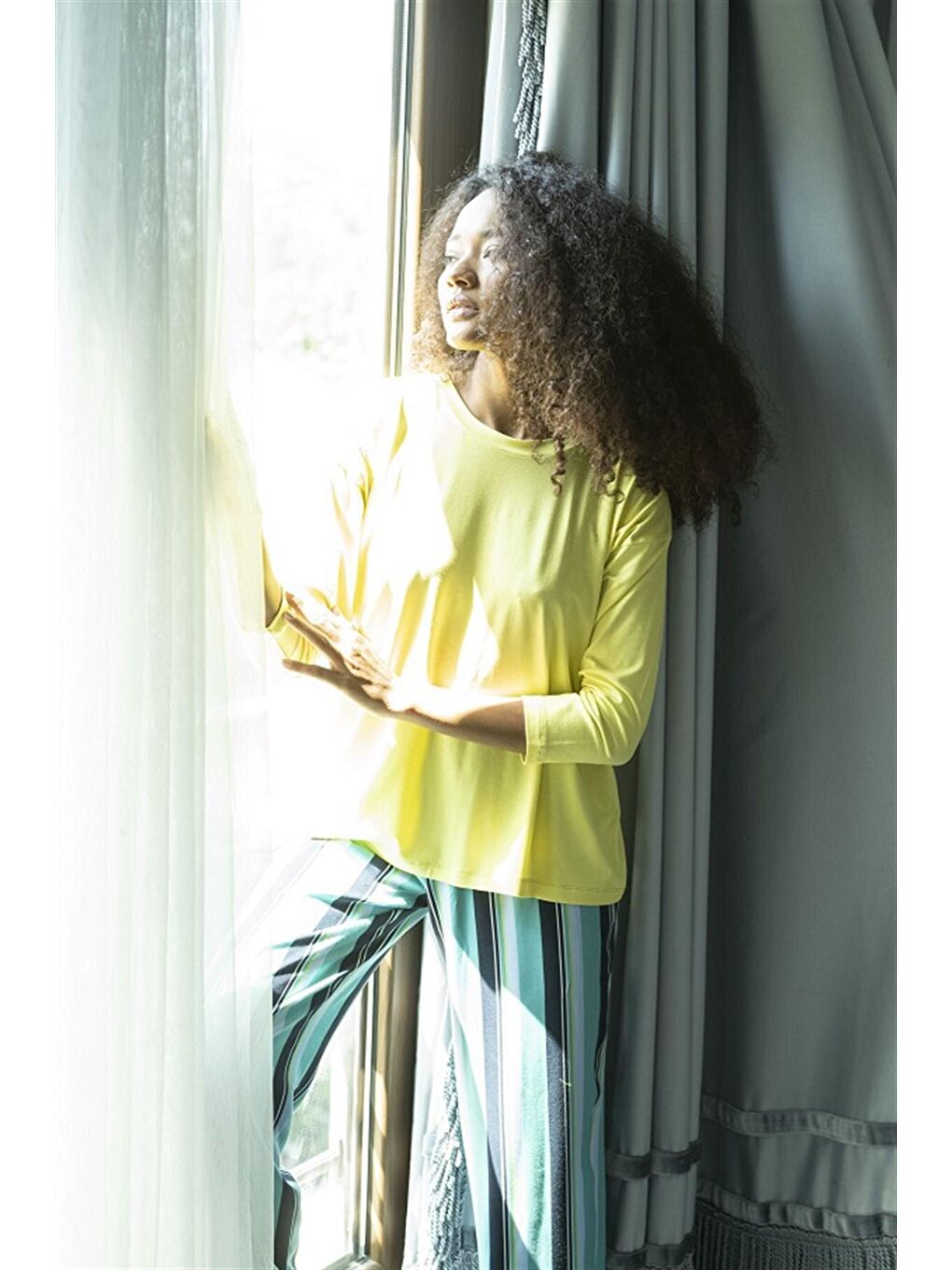 2 li Çizgili Viskon Sarı Uzun Kol Pijama Takımı-1