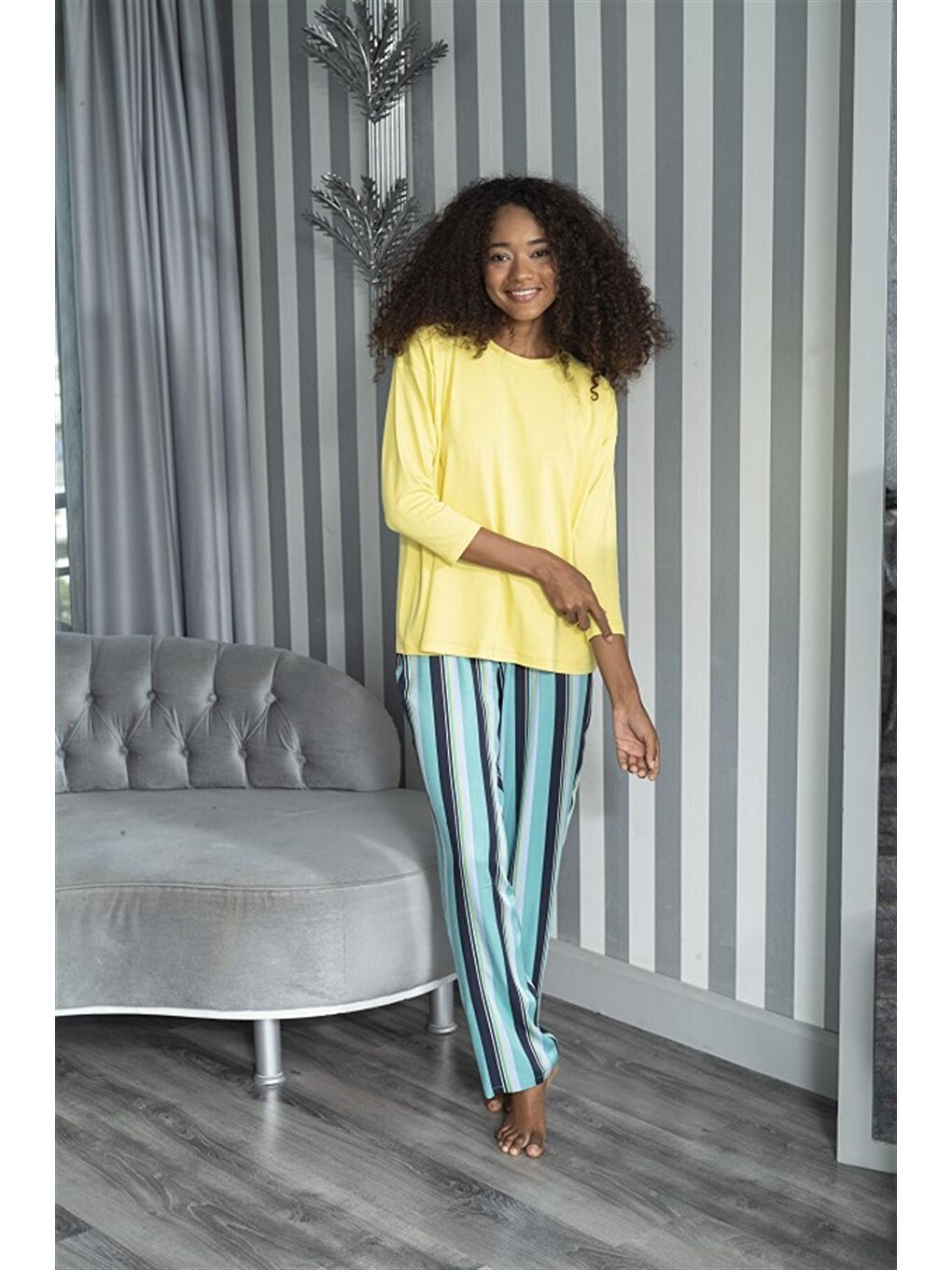 2 li Çizgili Viskon Sarı Uzun Kol Pijama Takımı-2