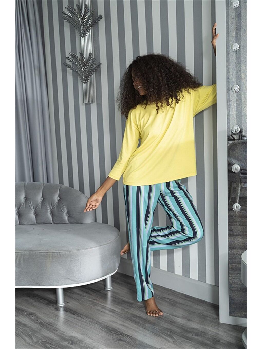 2 li Çizgili Viskon Sarı Uzun Kol Pijama Takımı-3