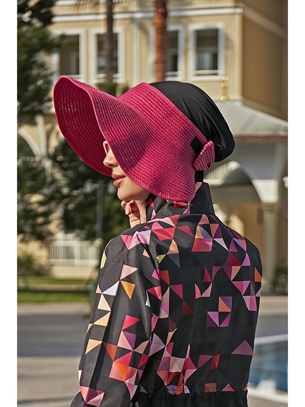 Fiyonklu Katlanabilir Vizör Hasır Şapka Güneş Koruyucu Siperlik RŞ-78 Fuşya-1