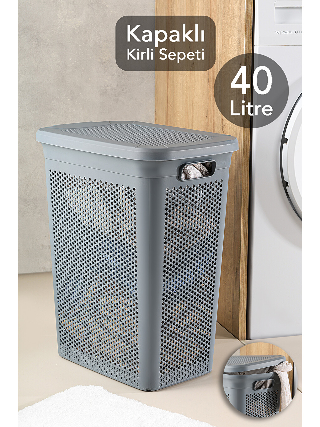 Gri Kapaklı Kirli Çamaşır Sepeti 40 l