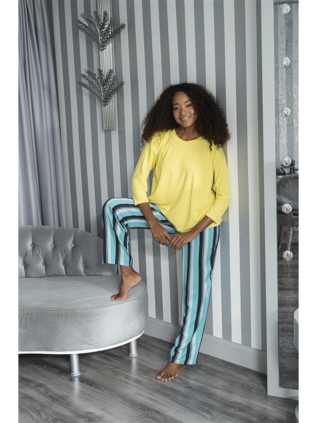 2 li Çizgili Viskon Sarı Uzun Kol Pijama Takımı-4