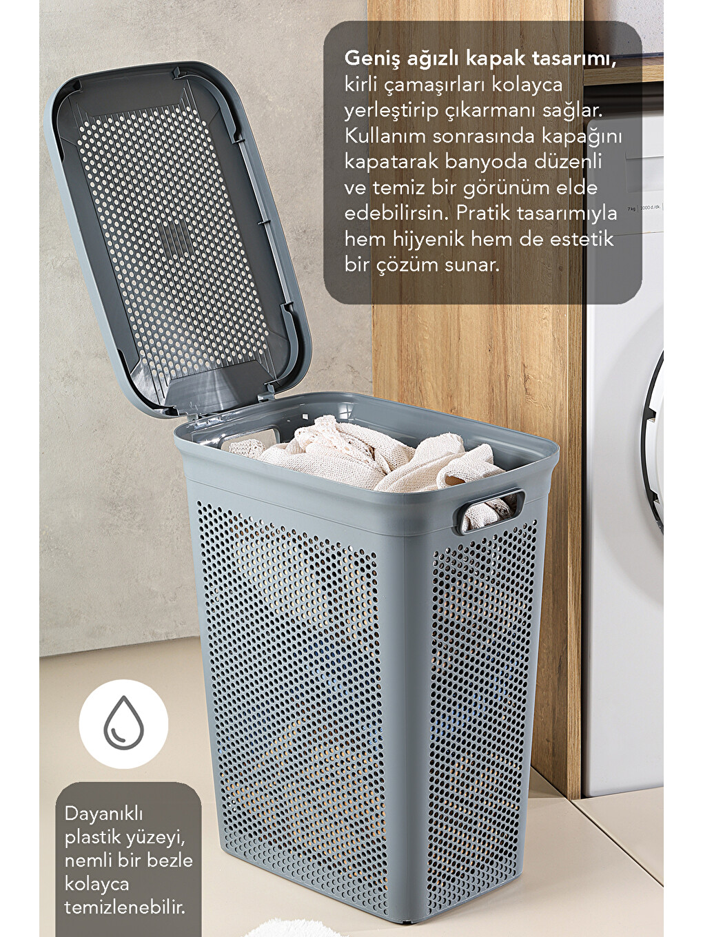 Gri Kapaklı Kirli Çamaşır Sepeti 40 l-2