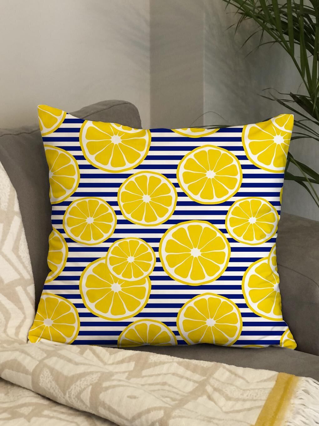 EVMİLA Karışık Kadife Doku Çift Taraf Baskılı Limon Desen 43x43 cm Tekli Kırlent Kılıfı - 3