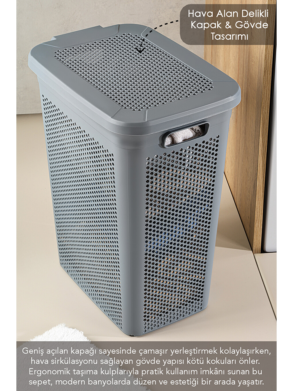 Gri Kapaklı Kirli Çamaşır Sepeti 40 l-3