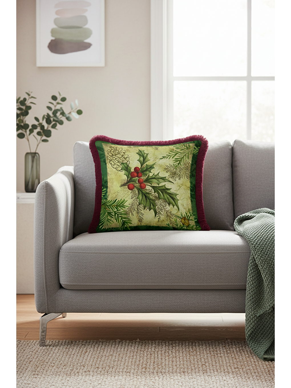 Karışık Lüks Yeni Yıl Çam Kozalağı Saçaklı Yastık Kılıfı - Kış Rustik Krem Kırmızı Püsküllü Kırlent Kılıfı