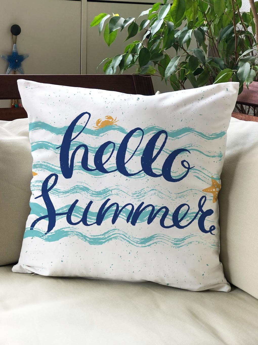 EVMİLA Karışık Kadife Doku Çift Taraf Baskılı Hello Summer Desen 43x43 cm Tekli Kırlent Kılıfı