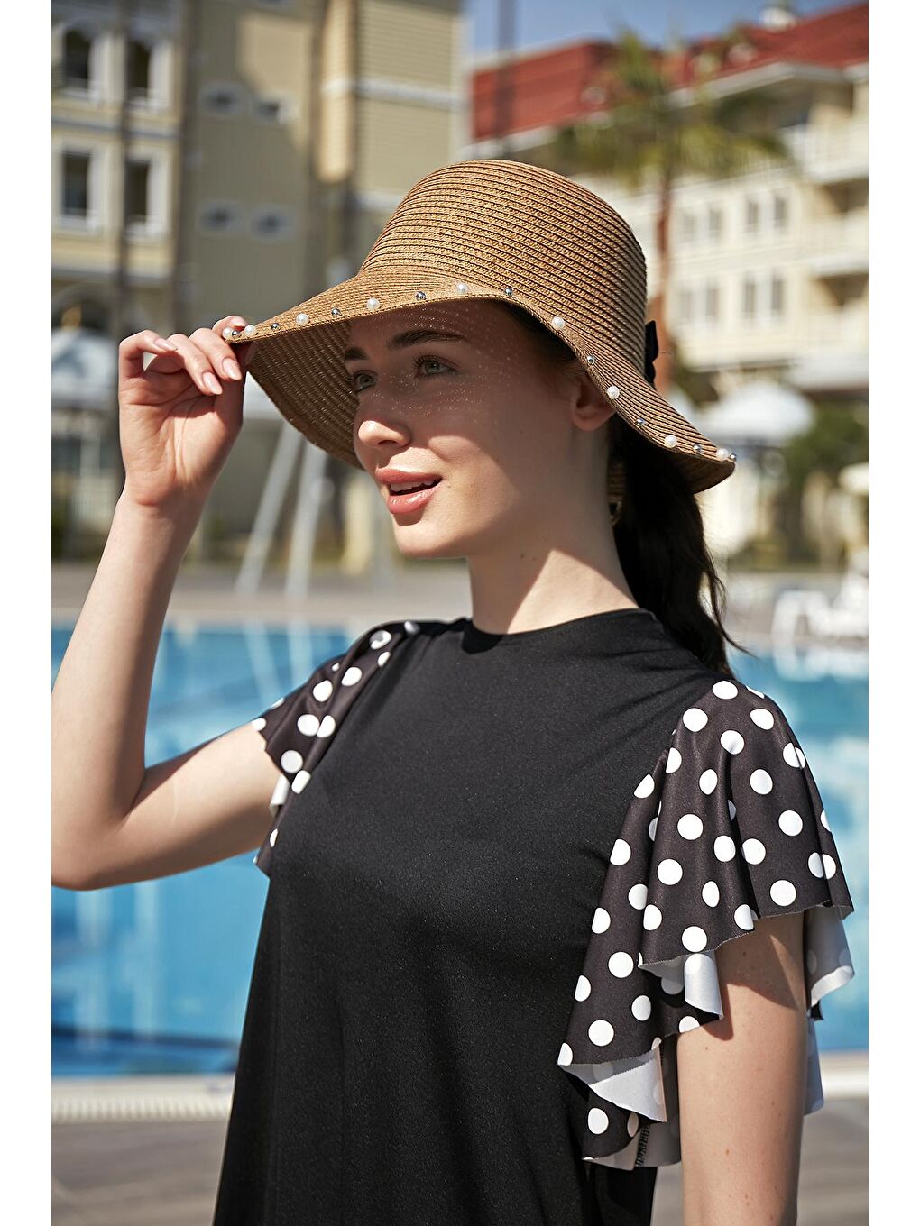 Kahverengi İncili Kurdele Detaylı Hasır Şapka RŞ-76 Camel-1