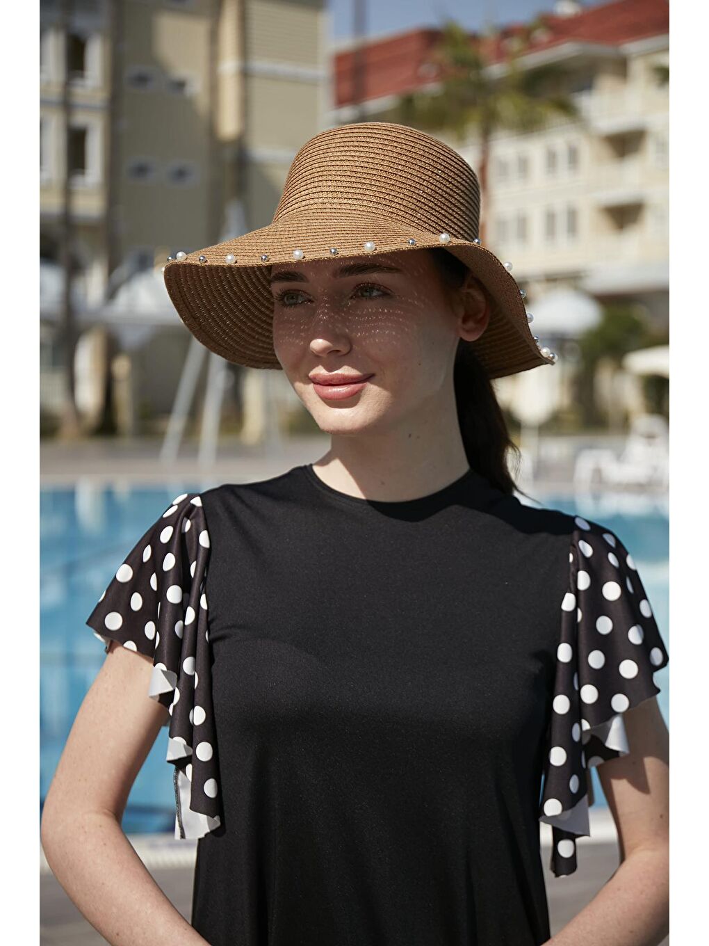 Kahverengi İncili Kurdele Detaylı Hasır Şapka RŞ-76 Camel-2