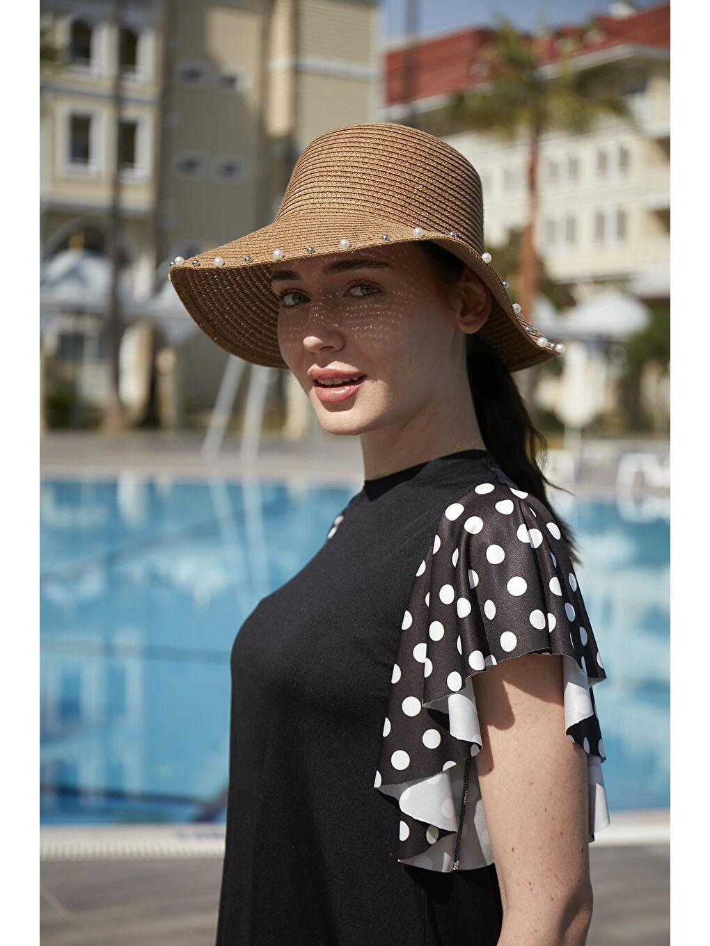 Kahverengi İncili Kurdele Detaylı Hasır Şapka RŞ-76 Camel-3