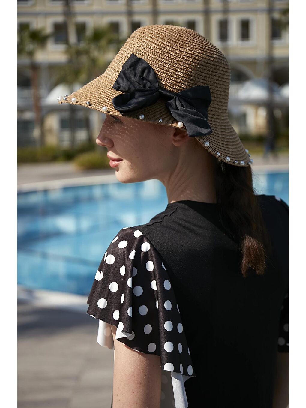 Kahverengi İncili Kurdele Detaylı Hasır Şapka RŞ-76 Camel-4