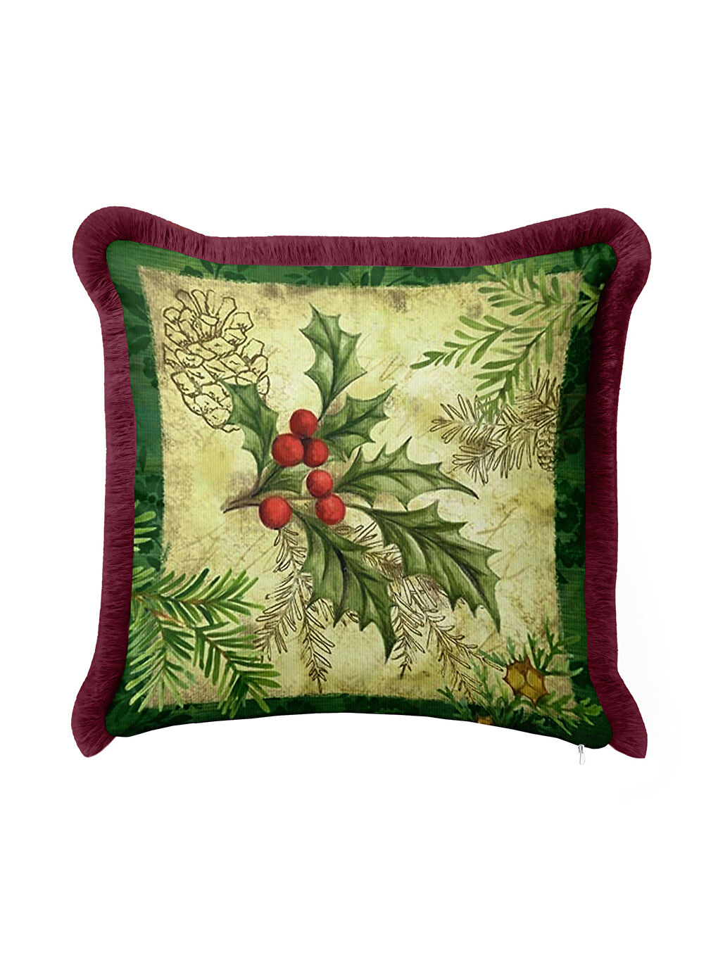 Karışık Lüks Yeni Yıl Çam Kozalağı Saçaklı Yastık Kılıfı - Kış Rustik Krem Kırmızı Püsküllü Kırlent Kılıfı-1