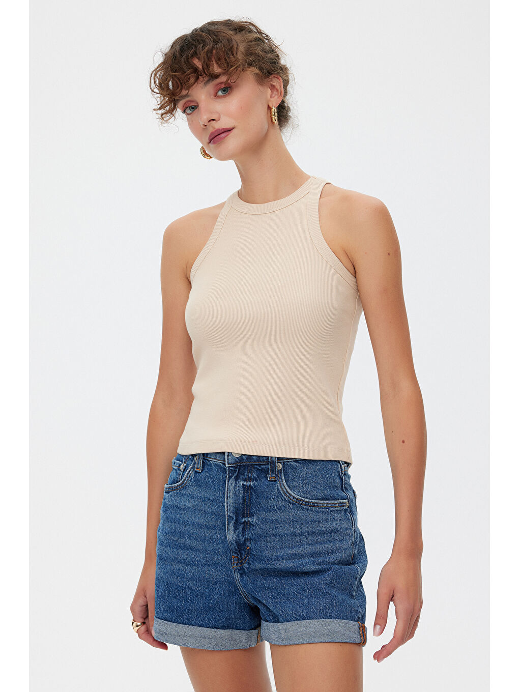 Bej Halter Yaka Pamuklu Kaşkorse Atlet-1