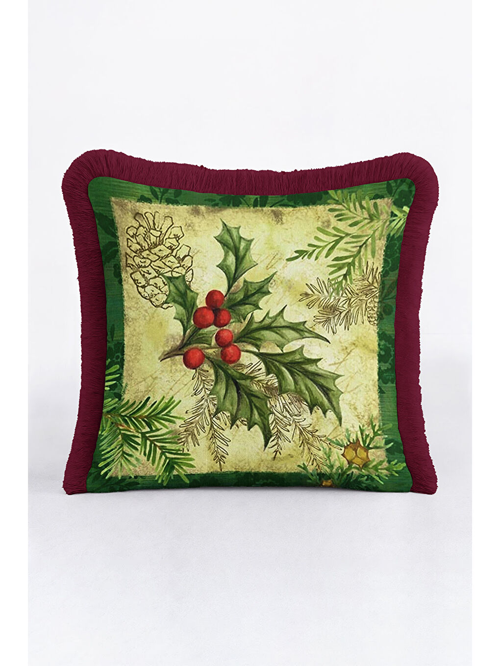 Karışık Lüks Yeni Yıl Çam Kozalağı Saçaklı Yastık Kılıfı - Kış Rustik Krem Kırmızı Püsküllü Kırlent Kılıfı-3