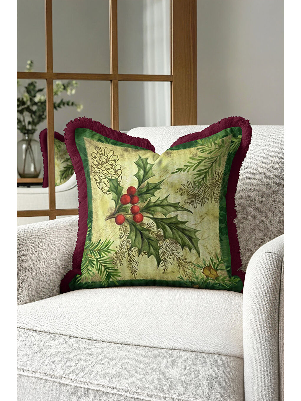 Karışık Lüks Yeni Yıl Çam Kozalağı Saçaklı Yastık Kılıfı - Kış Rustik Krem Kırmızı Püsküllü Kırlent Kılıfı-4
