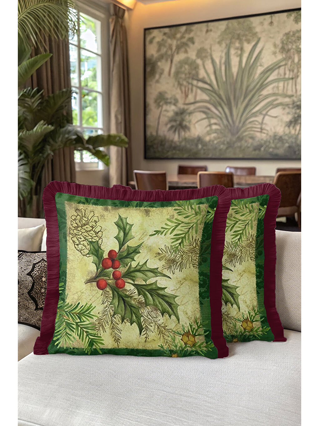 Karışık Lüks Yeni Yıl Çam Kozalağı Saçaklı Yastık Kılıfı - Kış Rustik Krem Kırmızı Püsküllü Kırlent Kılıfı-5