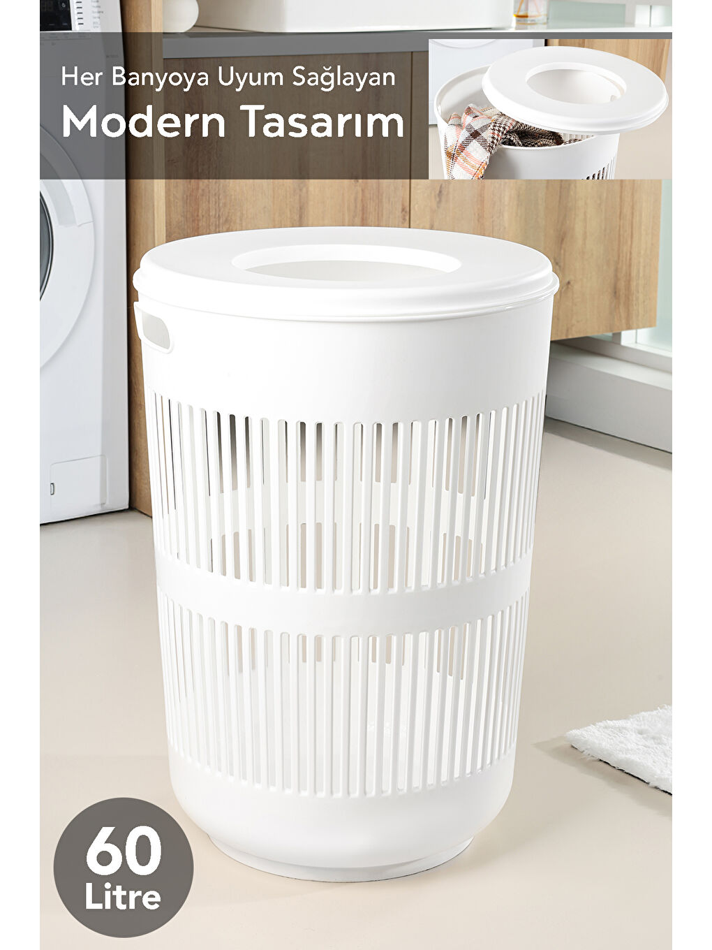 Beyaz Kapaklı Kirli Çamaşır Sepeti 60 l-1