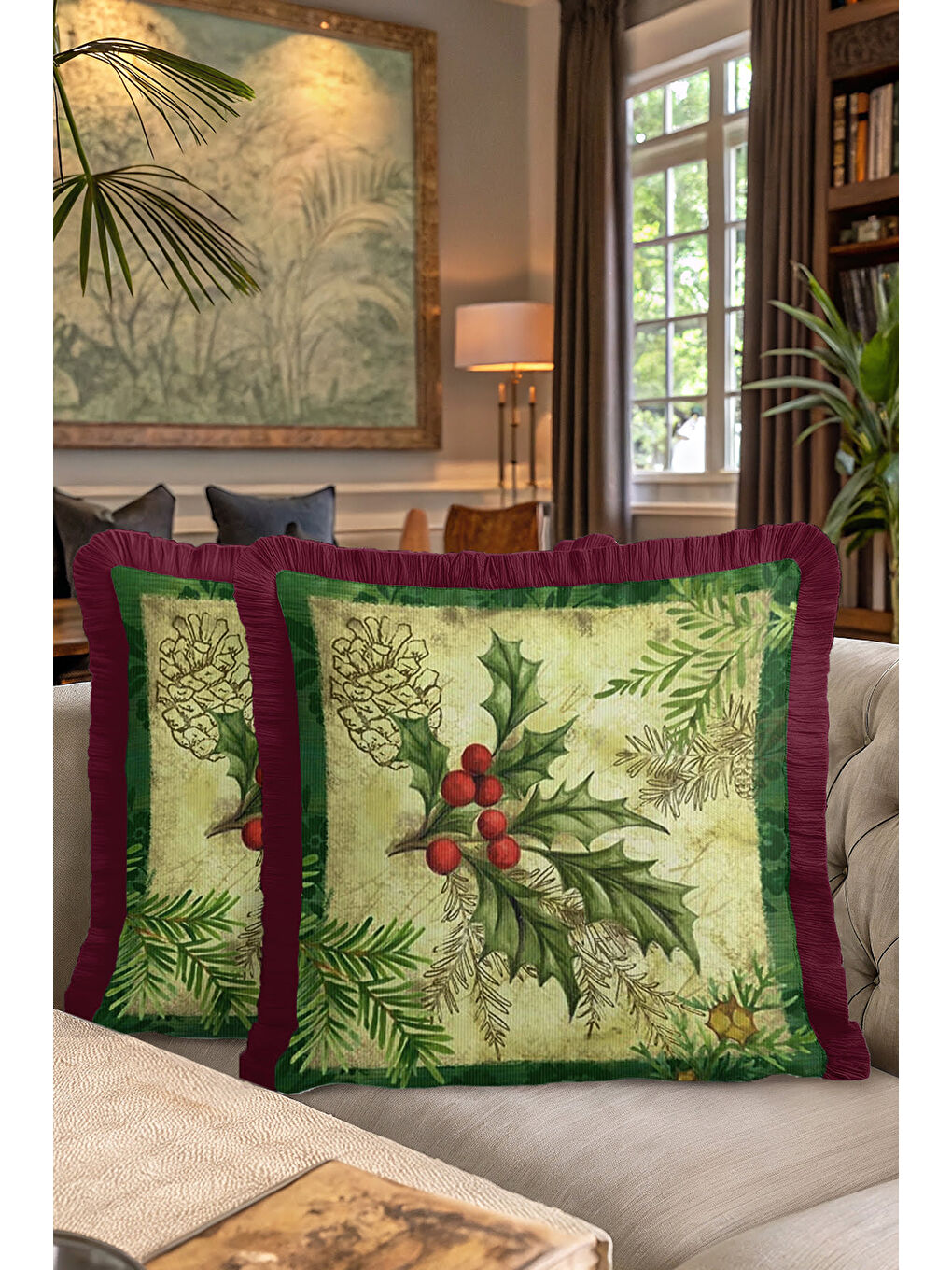 Karışık Lüks Yeni Yıl Çam Kozalağı Saçaklı Yastık Kılıfı - Kış Rustik Krem Kırmızı Püsküllü Kırlent Kılıfı-7
